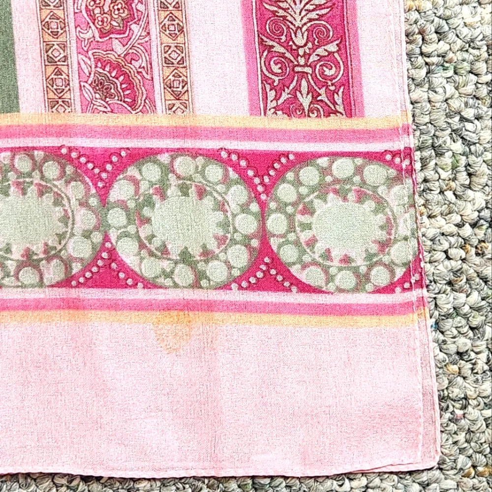 Bloomingdale's Pink and Green Stripe Patterned Silk Oblong Scarf